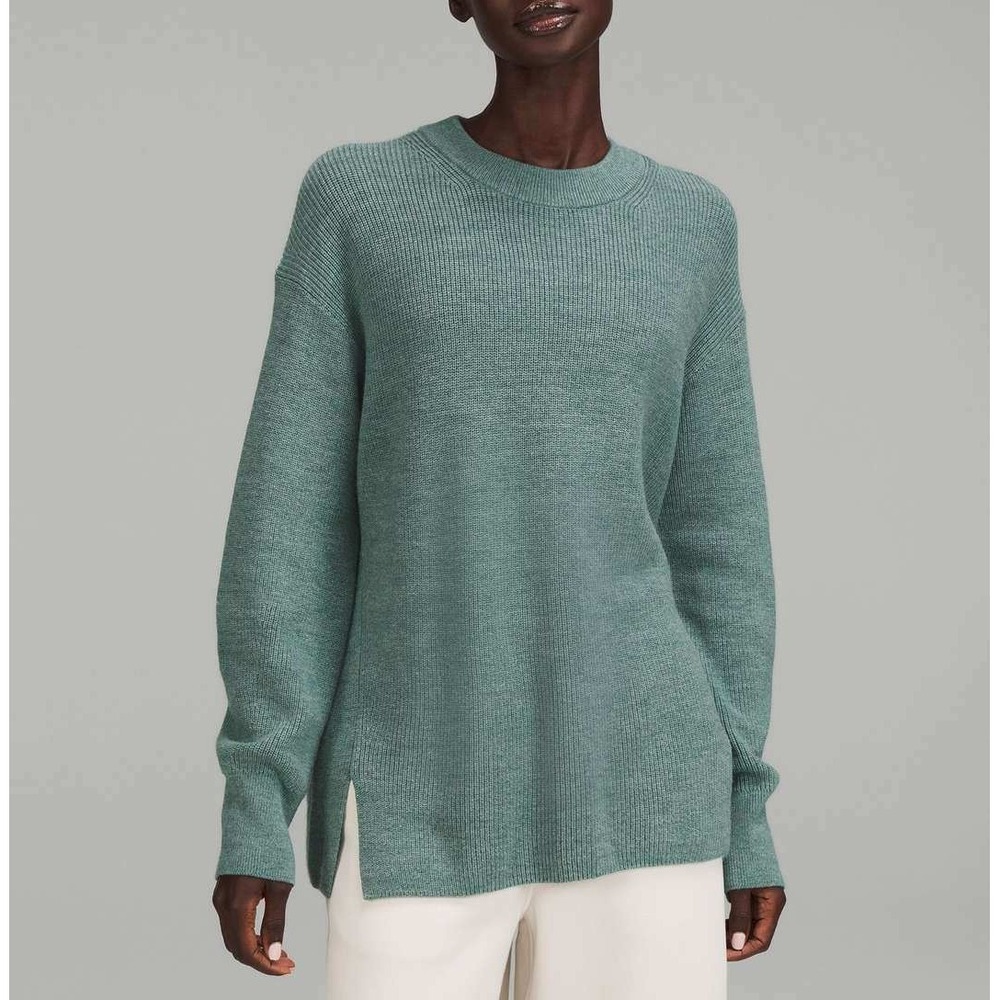 Lululemon Merino Wool-Blend Ribbed Crewneck Sweater Heathered Tidewater Teal 8